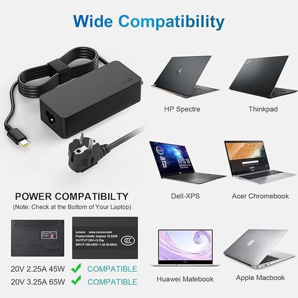 65W USB C Strømlader for bærbar PC for Lenovo ThinkPad Huawei