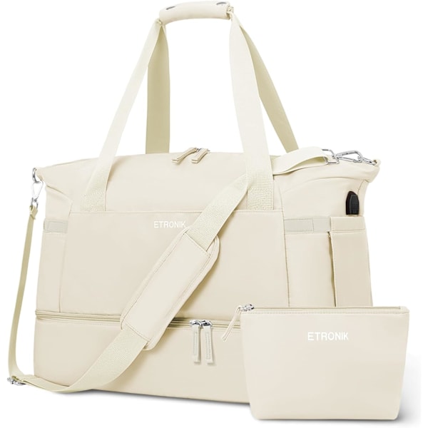 Treningsbag for kvinner, USB-ladeboks, sportsbag med våtrom, helgeturer, reise, treningsstudio, yoga, beige, M