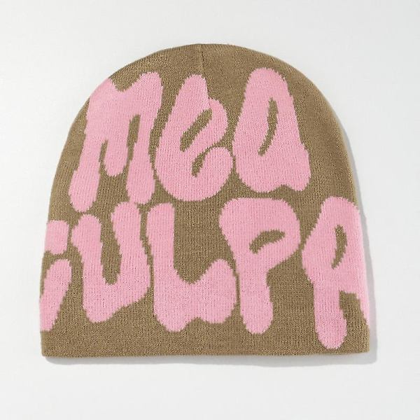 2023 Ny Strikkede Beanies Hat Mænd Kvinder Paragraf Kvalitet Cap Mea Culpa Y2k Varmt Mode Hundrede Tag Kold Hat Til Kvinder Hatte Khaki Pink