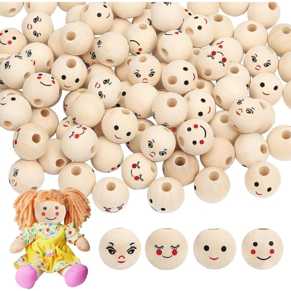 Träbollar med ansikte - 100 träpärlor med smiley (20 mm, runda pärlor för handgjorda dekorationer) -xx