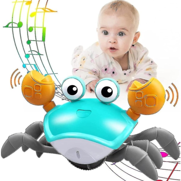 Baby för krypande krabba med musik och ledljus, leksaker i magen kommer automatiskt att undvika hinder som vägleder baby att krypa
