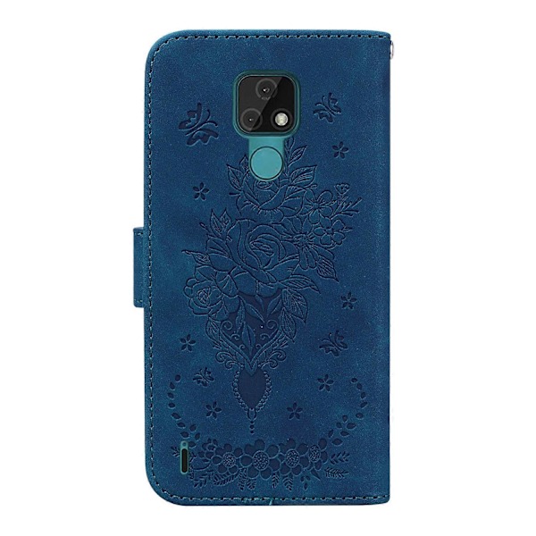 Til Motorola Moto E7 Sommerfugl Rose Præget Læder Telefon Cover Blue