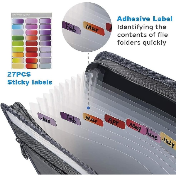 13 taskulaajentuvaa kansiota tarratarroilla, harmonikkakansion organizer A4, musta paperi, 1 kpl