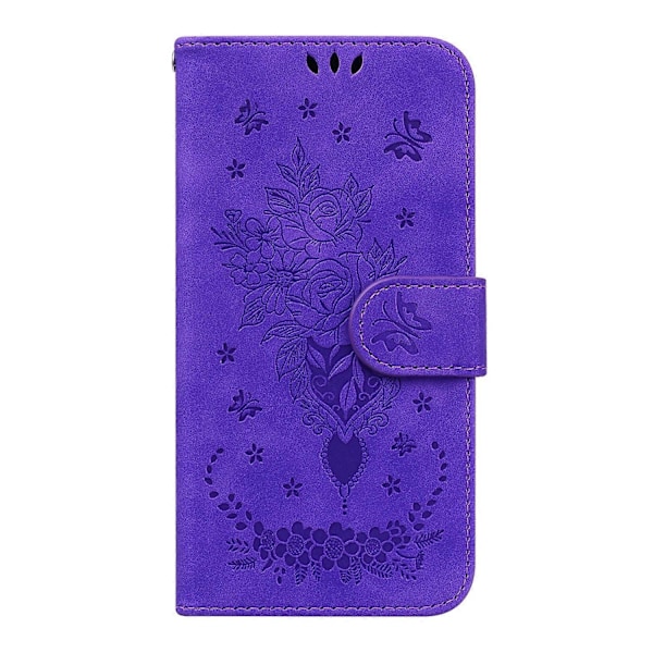 Til Motorola Moto E7 Sommerfugl Rose Præget Læder Telefon Cover Purple