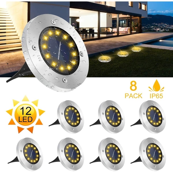 Solcellegulvlamper, 12 led solcellelamper til udendørs brug, havelamper 6000 K, Ip65 vandtæt, varm hvid (8 stk)