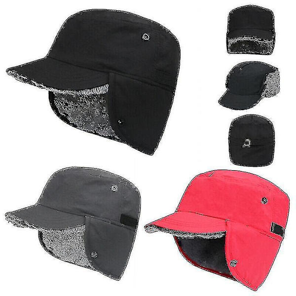 Vintervarm lue med øreklaffer og topplue-basecap, vanntett, unisex Red
