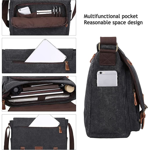 Miesten Messenger Bag Crossbody, olkapää, 15,6 tuuman kannettava tietokone Vintage Canvas -salkku