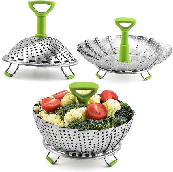 Damperkurv, grøntsagsdamper i rustfrit stål, foldes for at passe til forskellige størrelser gryder (23 cm)