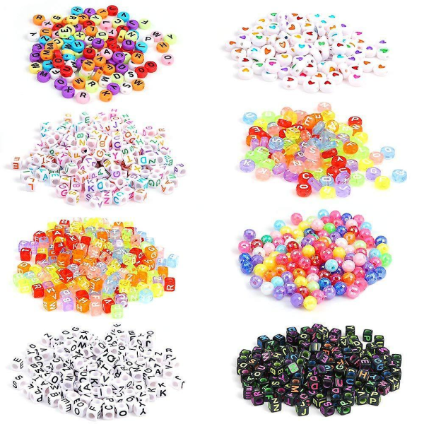 1300 stk 8 farger akryl alfabet kube perler Bokstav perler med 3 ruller 50m krystallstrengsnor for smykkefremstilling