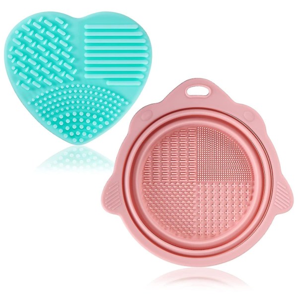 2 stk Makeup Brush Cleanser Mat, Silikone Makeup Brush Cleaner Pad og Skål Srubber Til Makeup Børste, Powder Puff