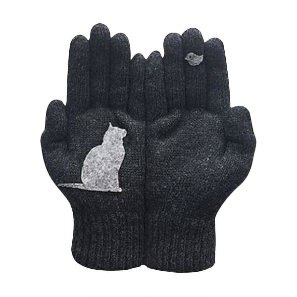 Naisten villaiset hanskat syksyn ja talven ulkokäyttöön, lämpimät kissanpainatushanskat