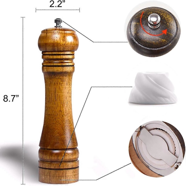 Puinen suola- ja pippurimyllysetti, 2 kpl, 20 cm suola- ja pippurimyllyt keraamisilla roottoreilla