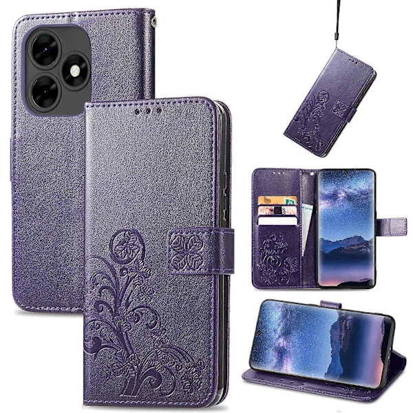 Firekløverlås Præget Spænde Læder Telefoncover Purple For Tecno Itel S23+