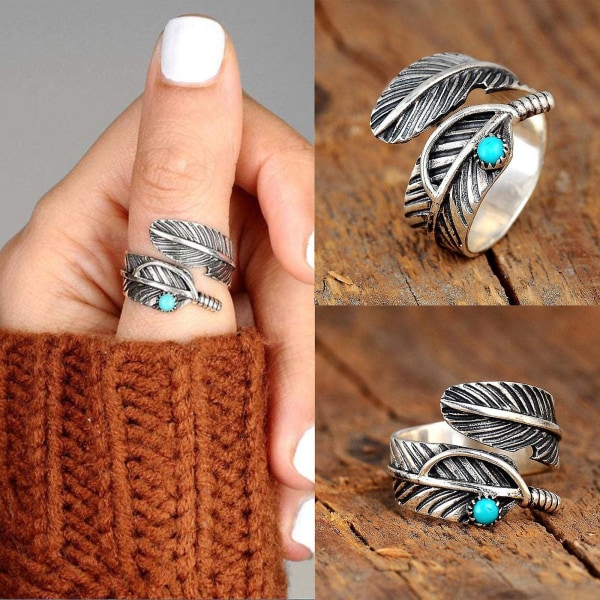 Ringar Boho Fjäder Turkos Justerbar Ring Representerar Nya Början Silver