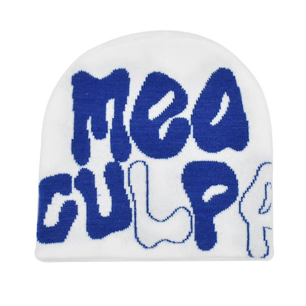 2023 Ny Strikkede Beanies Hat Mænd Kvinder Paragraf Kvalitet Cap Mea Culpa Y2k Varmt Mode Hundrede Tag Kold Hat Til Kvinder Hatte White Blue 2
