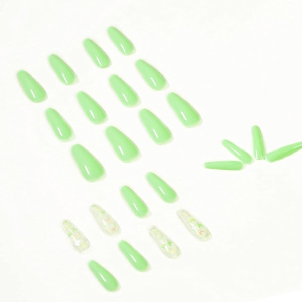 Langt tryk på negle med design Akryl skinnende sommerfugl falske negle Kiste Fulddækning Grønne falske negle til kvinder og piger 24 stk.