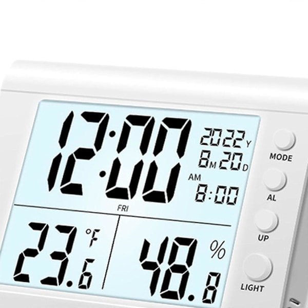 Digitalt Vækkeur Hygrometer Letlæseligt Stort Digitalt Display Husholdningstermometer Multifunktionelt Ur til Stue White
