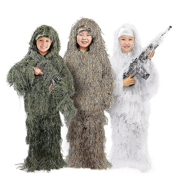 Børnestørrelse Ghillie Suit Camo Woodland Camouflage Skovjagtspil 5-delt taske Green 160