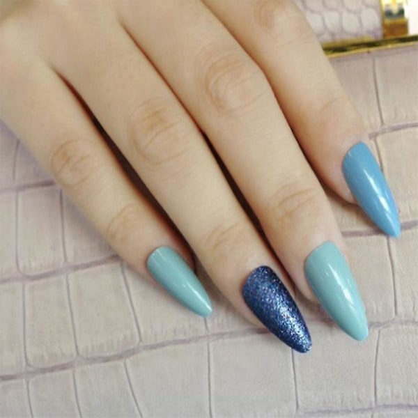 24st Shinning Gel Stiletto Nails Mandel Design Medium Sharp Akryl Fake Nail For Finger Patch Dekorationblå