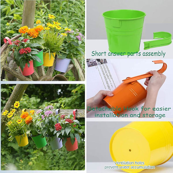 Sett med 10 metall blomsterpotter for oppheng med dreneringshull, avtakbar krok, assorterte farger 10x10x7cm Flerfarget