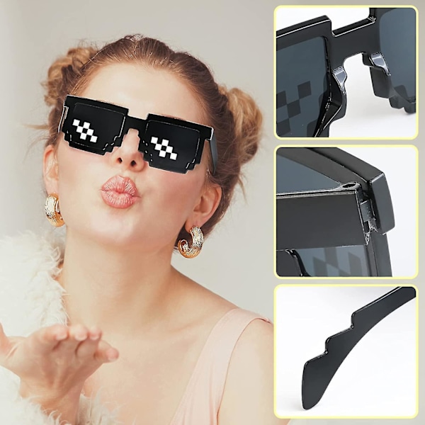 [3-pack] Thug Life solglasögon, glasögon för män och kvinnor 8 bit pixel mosaikglasögon fotorekvisita unisex solglasögonleksak - svart