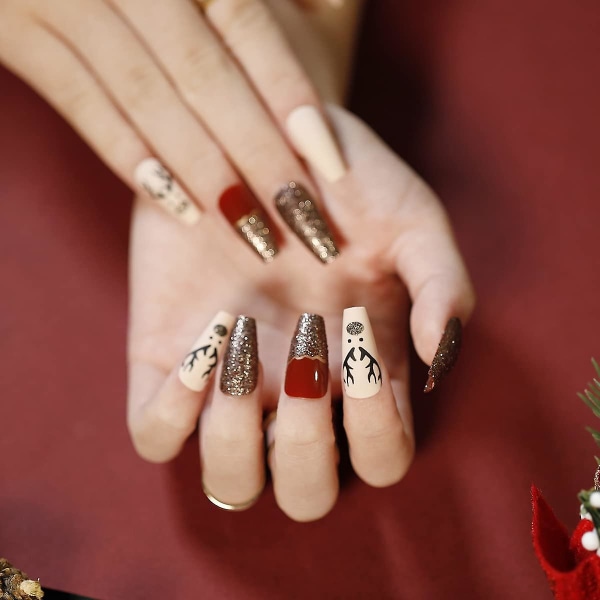 24 st Långt tryck på naglar Kista falska naglar set Ballerina konstgjorda nail art tips för kvinnor tjejer Akryl lösnaglar