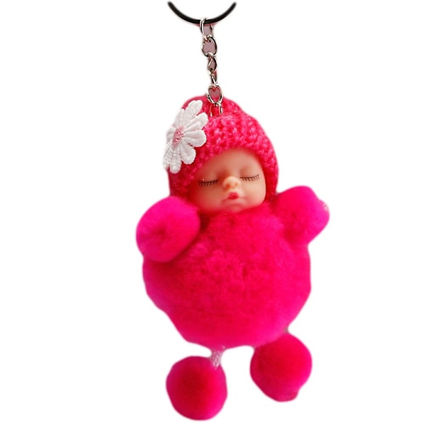 Sovande Bebis-Rosett Fluffig Pompom Plyschdocka Hängande Smycke Nyckelring Rose Red Flower*