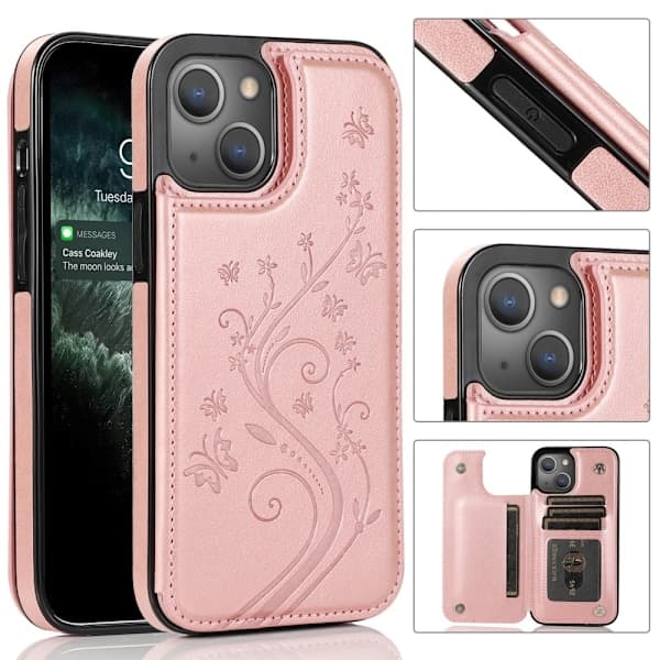 iPhone 13 - Støtsikkert Lærfodral med kortlomme Roségull