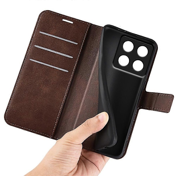 Til Xiaomi 14T Pro Stativ Etui Anti-Ridse Kalveskindstekstur Læder Telefon Cover - Gul