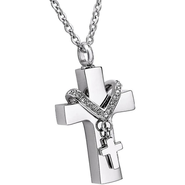 Double Cross Memorial Urn Pendant Necklace Cremation Jewelry Stainless Steel