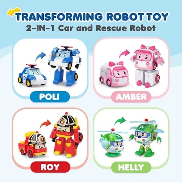 Robocar Poli 4-pakning Poli + Amber + Roy + Helly Transformerende Robotleker, 10 cm Transformerende