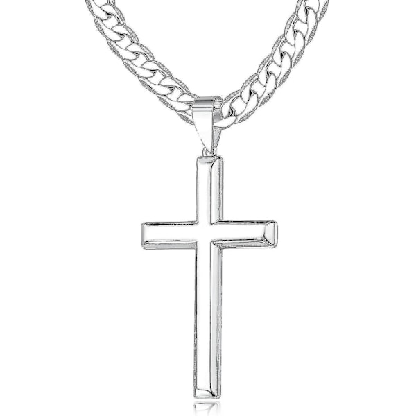 925 Sterling Hopea Kors Kaulakoru Miehille Naisille 45mm Ruostumaton Teräs Kiillotettu Kuban Ketju 18k Valkoinen Kulta Päällystetty Viistokulmainen Risti 24in-61cm