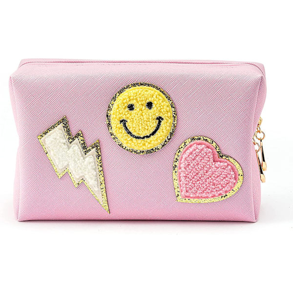Preppy Patch Lille Toilet Taske Smil Lyn Hjerte Pu Læder Bærbar Vandtæt Makeup Kosmetik Taske Daglig Brug Opbevaringspung Rejse Organizer Comp
