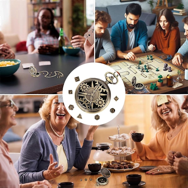 Mini DND Tärningsset med Steampunk Brons Ihåligt Fodral för Fickur, 7st Polyedriska Metalltärningar, Dungeons and Dragons Gåvor