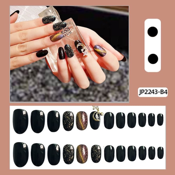 Medellånga press-på-naglar - blank svart kista falska naglar - Korta akryl-press-på-naglar med lim - 24st diy- cover tips för manikyr för kvinnor
