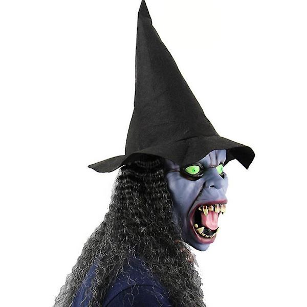 Halloween Skræmmende Hekse Cosplay Maske Med Sort Langt Hår & Hat, Horror Gammel Kvinde Ond Maske Kostume Uhryggelige Grønne Øjne Kælling Fuld Ansigt Latex Maske Fest Pro