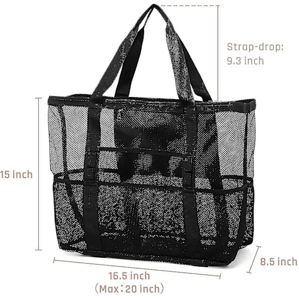 Strandtaske, Mesh Strandtaske Oversized Strand Tote 9 Lommer Strandlegetøjstaske A BLACK