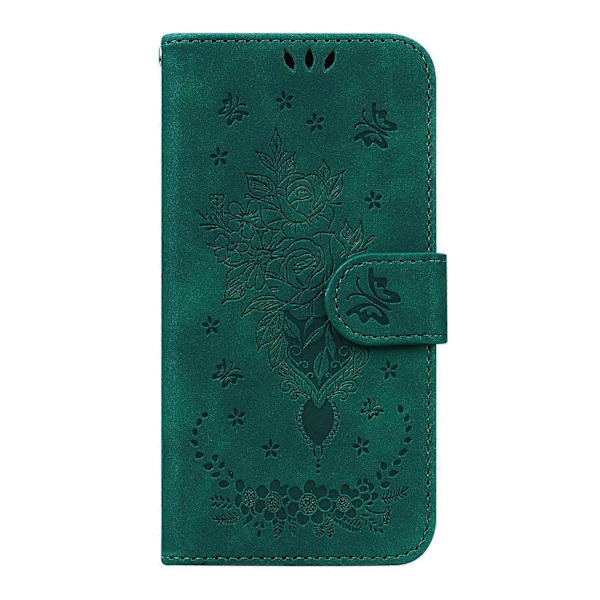 Til Motorola Moto E7 Sommerfugl Rose Præget Læder Telefon Cover Green