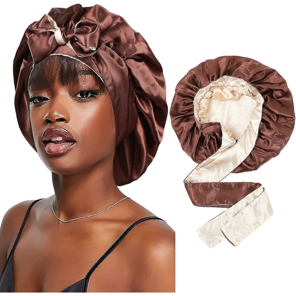 Satin Bonnet Silk Sleep Cap Hiushupit mustille naisille Joustava solmionauha hiuksille Brown and Champagne