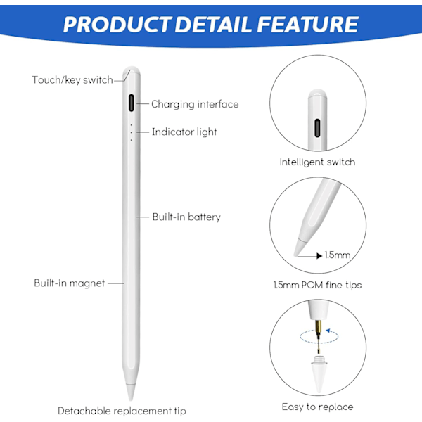 Passer for Apple iPad, kapasitanspenn Apple Pencil, første og andre generasjons spesiell berøringsstylus, flat berøringspenn.