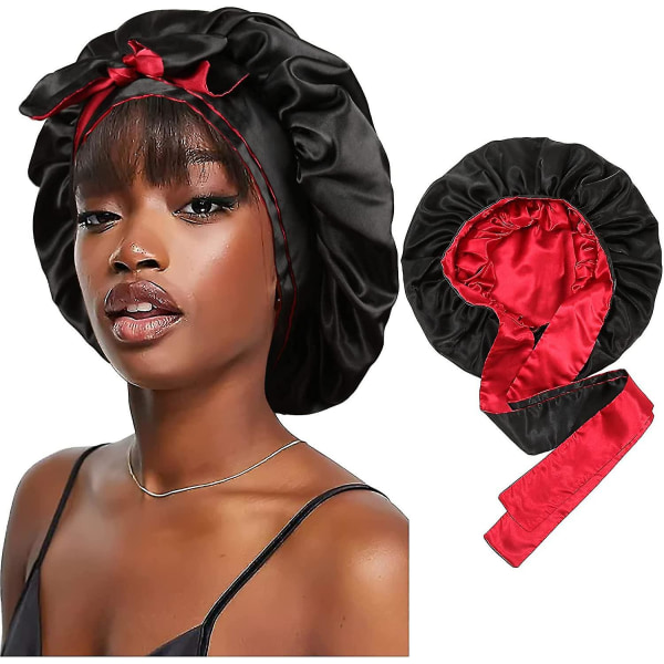 Satin Bonnet Silke Sleep Cap Hår Bonnets til sorte kvinder Stretchy Tie Band Hår Black red