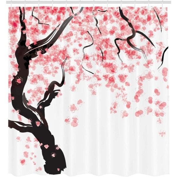 Blomstret bruseforhæng, 180 cm x 200 cm, rosa sort, kirsebærtræ