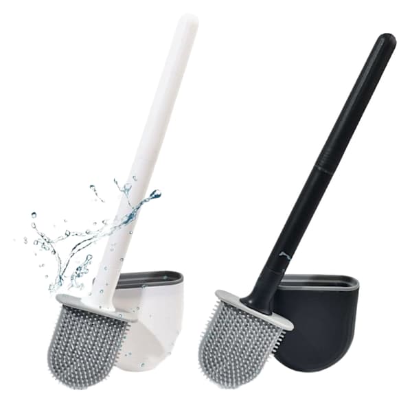 2-pack platta silikontoalettborstar med väggfäste, svart + vit
