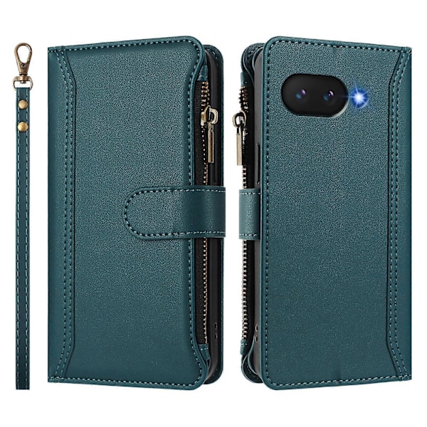 Magnetisk Stängning 9 Kortplatser Dragkedja Läderfodral med Handrem Dark Green For Google Pixel 9a