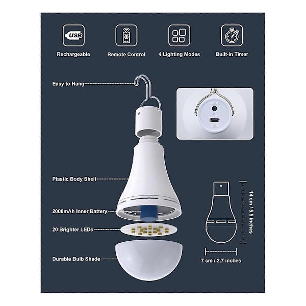 USB-uppladdningsbara LED-lampor med fjärrkontroll för strömavbrott, hängande LED-lampa med krok för utomhus, 2-pack White