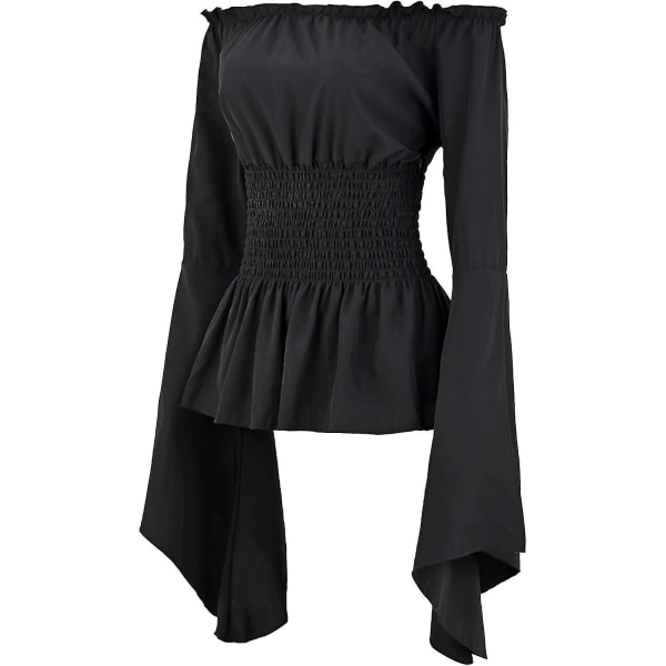 Renaissance bluse for kvinner Korsett midjebelte Middelaldersk viktoriansk off-skulder langermet skjorte Pirate Cosplay kostymer Black Large
