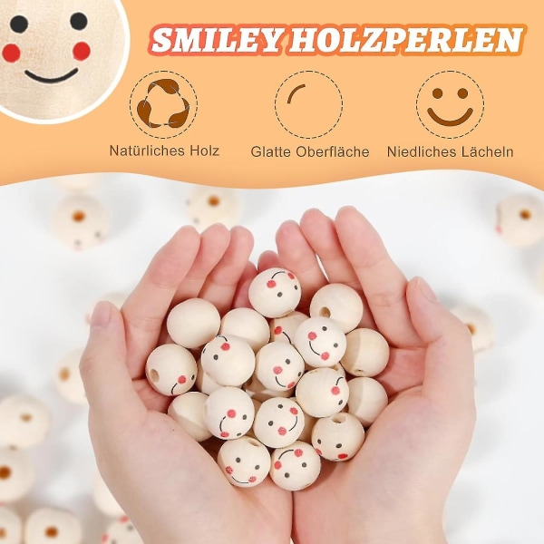 Trekuler med ansikt - 100 treperler med smilefjes (20 mm, runde perler for håndlagde dekorasjoner) -xx