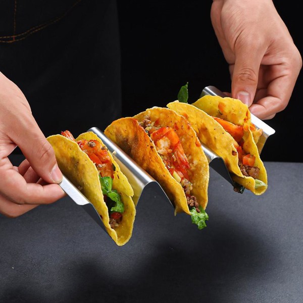Ruostumattomasta teräksestä valmistettu tarttumaton uudelleenkäytettävä pannukakkuteline, johon mahtuu jopa 3 tacoa astianpesukoneessa ja mikroaaltouunissa kestävä Burrito-pidiketarjotin keittiön leivontatarvikkeita