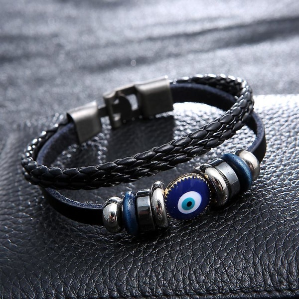 Multi-Layer Evil Eye Læder Armbånd til Mænd Etnisk Armbånd Vævet Læder Armbånd Armbånd Beskyttelse Smykker