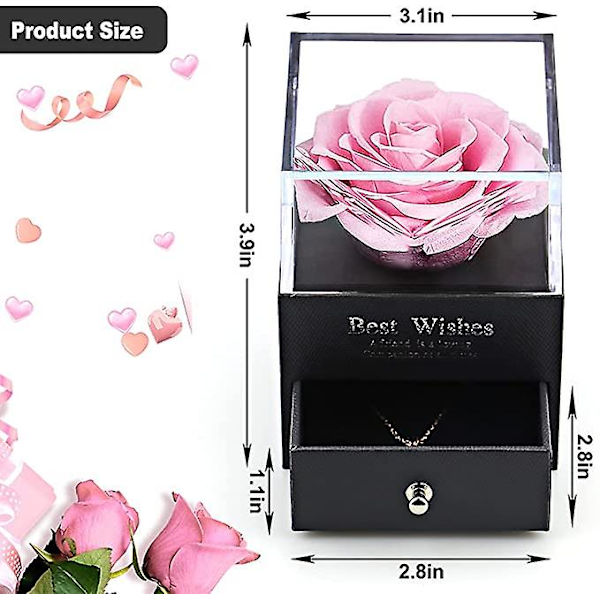 Præserveret Ægte Rose med Hjerte Halskæde Gaveæske, Håndlavet Evig Ægte Rose til Valentinsdag Bryllupsdag Fødselsdagsgaver til Hende Kvinder Pink